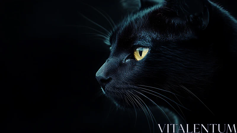 High-contrast feline portrait with luminous iris and dramatic chiaroscuro lighting