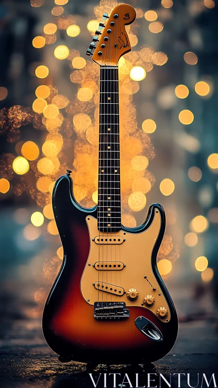 Sunburst electric guitar stands before blurred bokeh lights