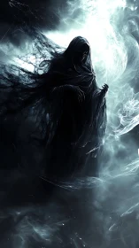 Shadowed wraith emerges from swirling ethereal storm veil
