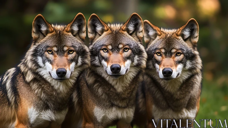 Symmetrical lineup of four wolves under shallow depth-of-field lighting