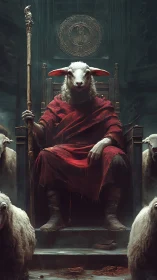 Regal lamb ruler sits enthroned in a dark, mystic hall