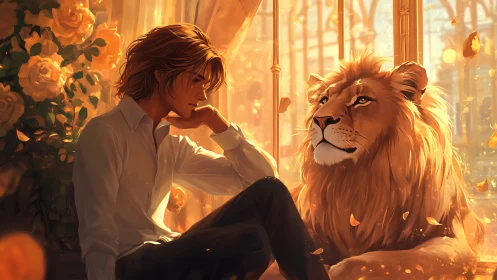 Sunlit confidants: a pensive boy and his golden lion.