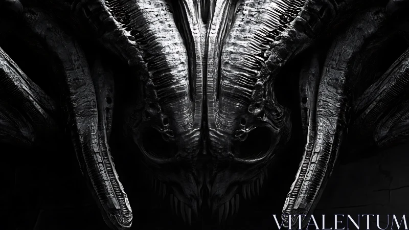 Monochrome biomech demon skull with symmetrical horn architecture.