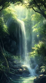 Forest Waterfall with Sunlight Filtering Through Canopy.