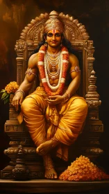 Seated Hindu deity on ornate golden throne wearing garlands