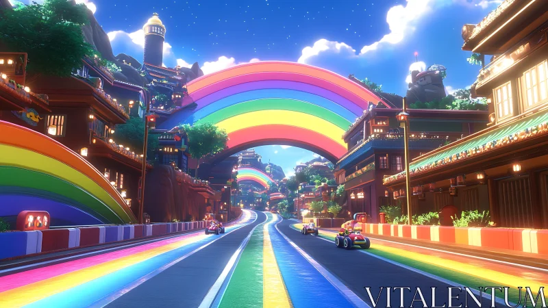 Vibrant rainbow racetrack winds through neon-lit fantasy city