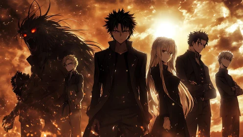 Dramatic anime team before fiery sky with shadow demon