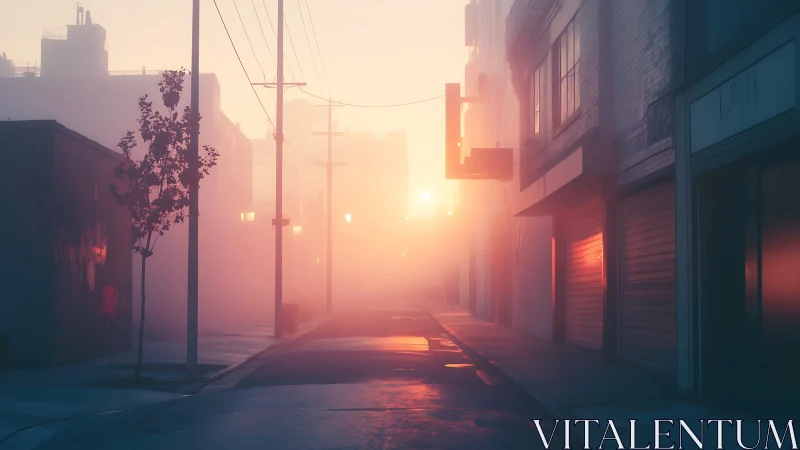 Soft sunrise mist turns a quiet city street into calm magic