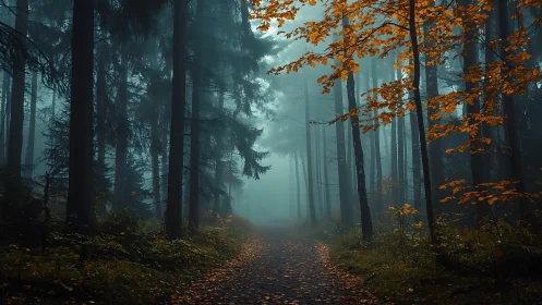Misty Forest Corridor with Contrasting Autumn Foliage Composition.