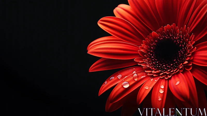 Red Gerbera Daisy with Water Droplets Against Black Background