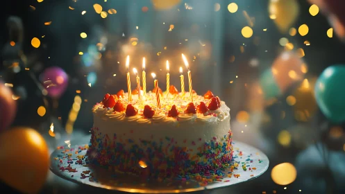 Luminous Birthday Confection Celebrates with Dancing Flames and Golden Bokeh