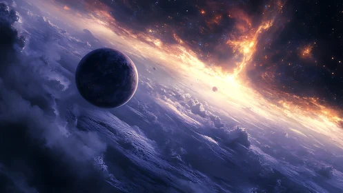 Celestial horizon frames fiery nebula above distant world.