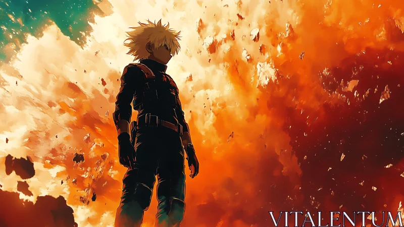 Silhouetted figure stands before large animated explosion