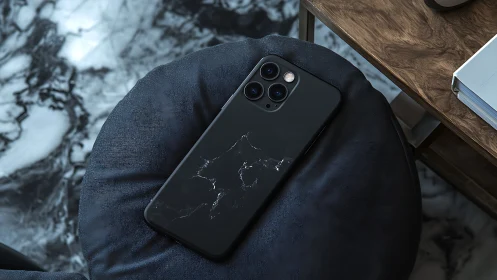 Midnight marble smartphone rests in a luxe modern vignette.