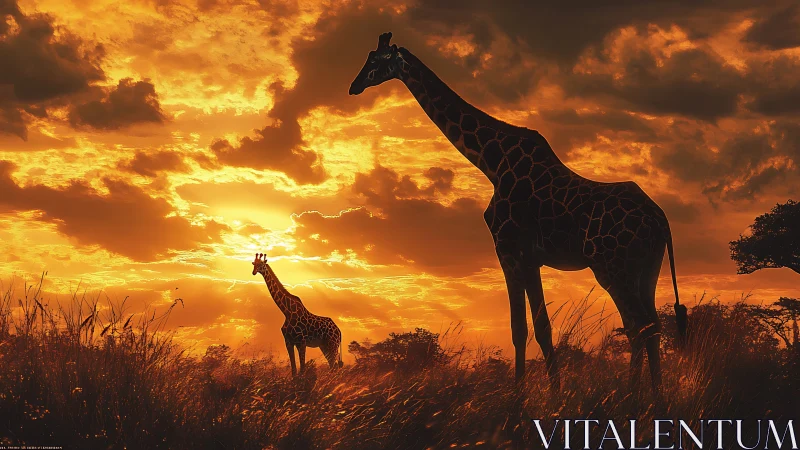 Silhouetted giraffes in fiery savanna sunset lightscape.