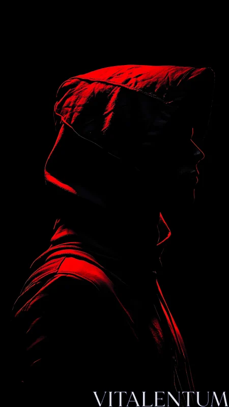 Side-profile hooded figure in red edge lighting on black.