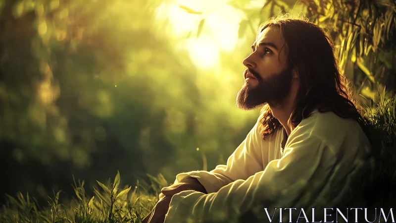 Bearded figure in white seated in sunlit green landscape.