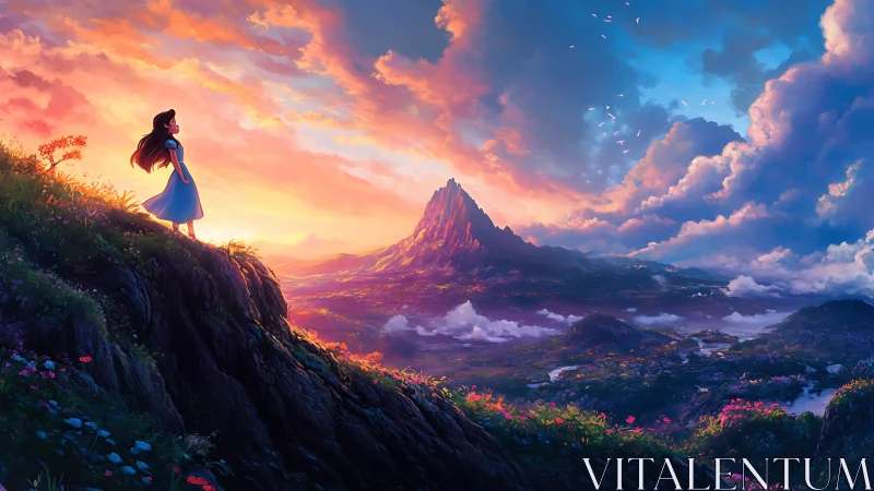 Girl on a glowing cliff gazing toward a distant sunrise valley.
