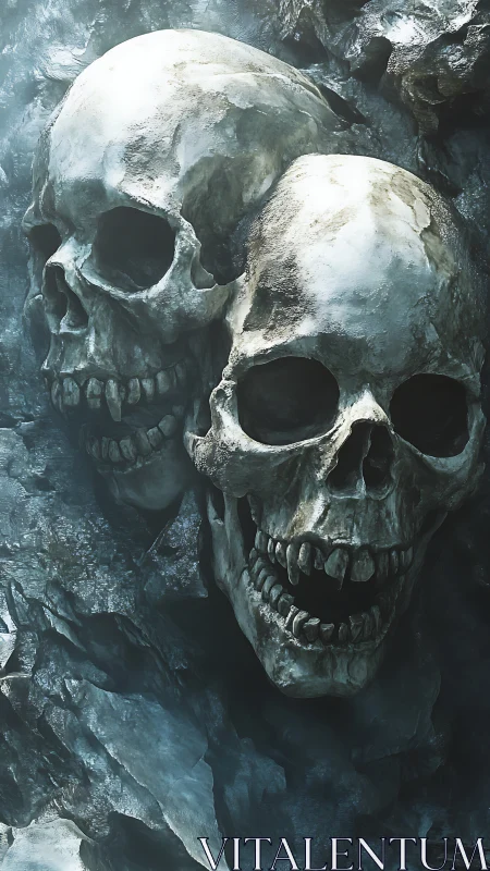 Ancient stone skulls sharing eerie whispers in the dark.