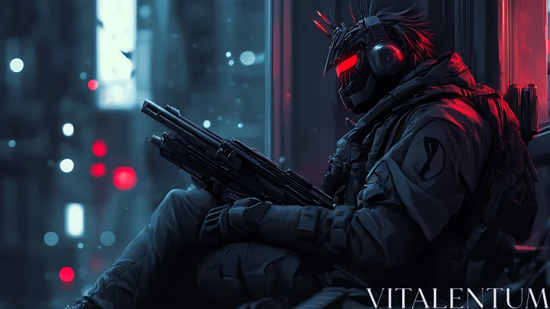 Cybernetic soldier resting in neon-lit urban alleyway at night.
