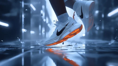 Dynamic running shoe close-up in neon-lit cyber tunnel environment