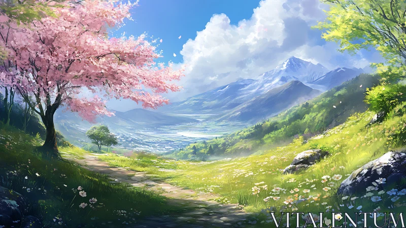 Blooming cherry tree overlooks bright valley and distant mountains