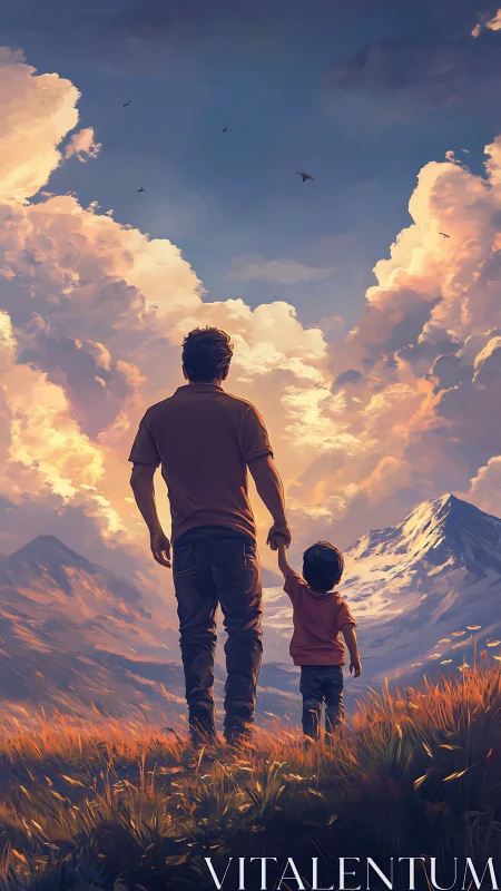 Father and child stand in mountain field under glowing sky.