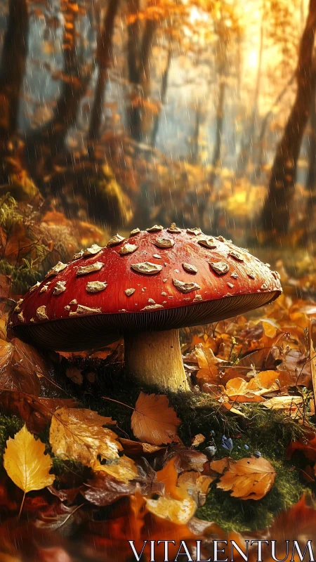 Radiant red mushroom glows amid rain soaked autumn forest floor