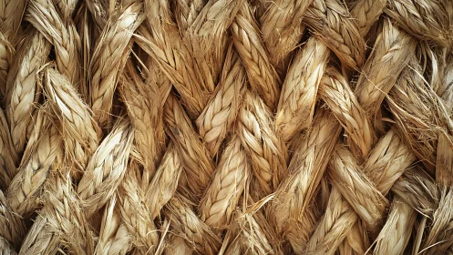 Close-up of thick braided natural rope fibers in rustic style.