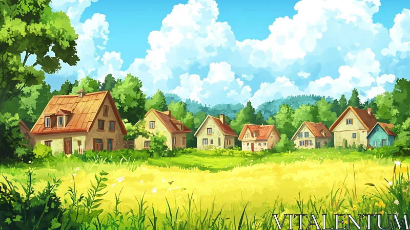 Sunlit rural cottages aligned across chromatic meadow belt.