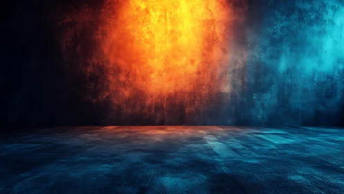 Empty concrete room with intense orange and blue lighting.