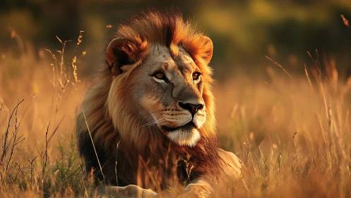 Golden hour lion resting quietly in sunlit savanna grass.
