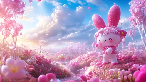 Cute pink bunny mascot in bright fantasy flower meadow.