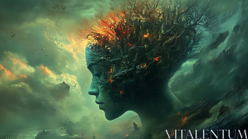 Surreal profile merges burning arboreal cityscape with storms