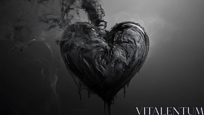 Charred smoke heart sculpture in monochrome haze.