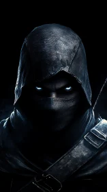 Hooded stealth operative with glowing eyes in cold lighting.