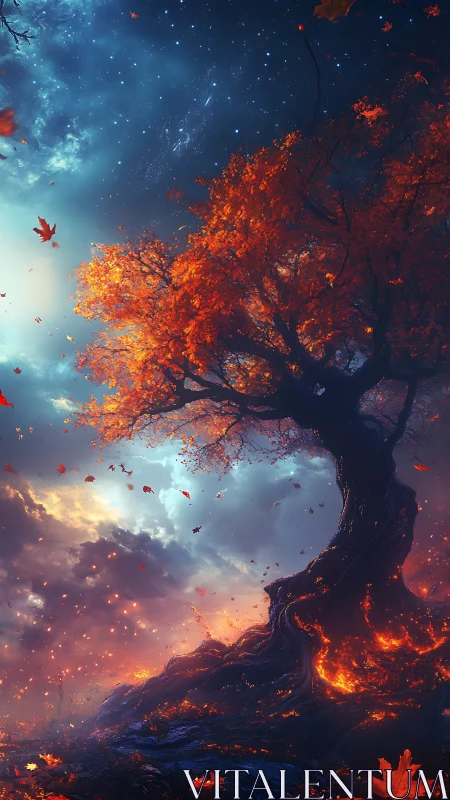 Autumn Arboreal Fantasy: Luminescent Foliage Against Cosmic Sky.