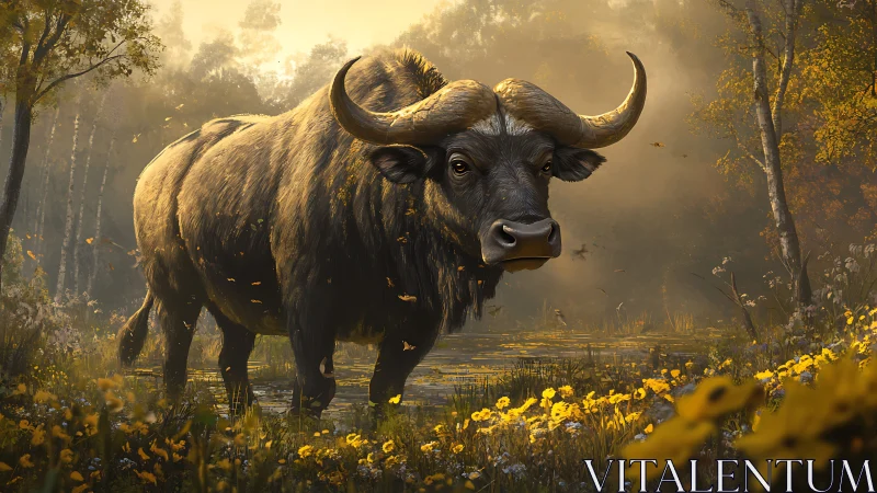 Massive buffalo standing in golden forest wetland at dusk.