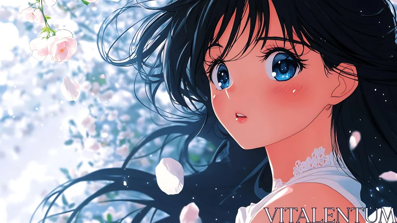 Blue-eyed anime girl amid drifting blossoms gazes skyward