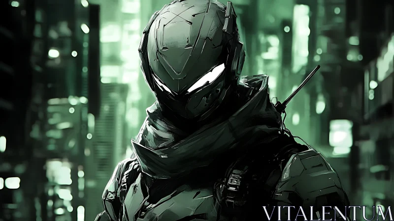Armored figure stands in green-tinted futuristic cityscape