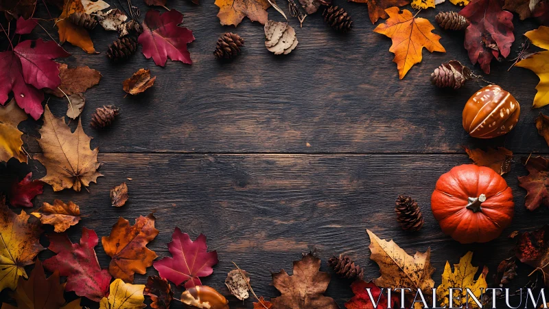 Autumn leaves, pumpkins and pinecones on dark wood table.