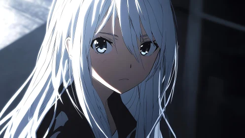 Silver-haired anime girl gazes ahead in soft shadowed light.