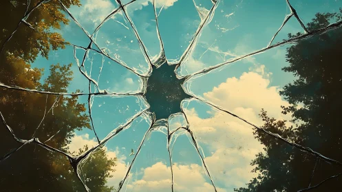 Broken Glass Sky Reflection with Forest Edges in Surreal Style.