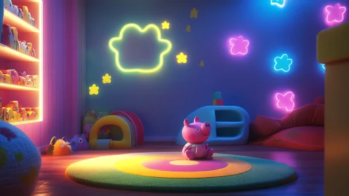 Neon lit kids playroom with pig toy centered on rug.