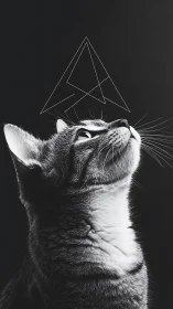 Cat Looking Up at Geometric Triangle Shape