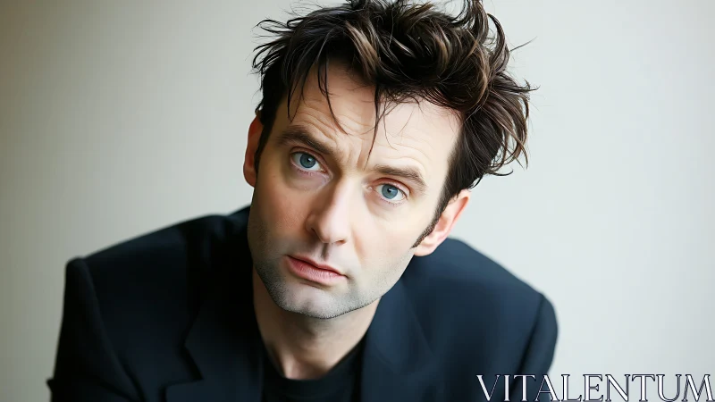 Disheveled dark haired man with intense blue eyed stare