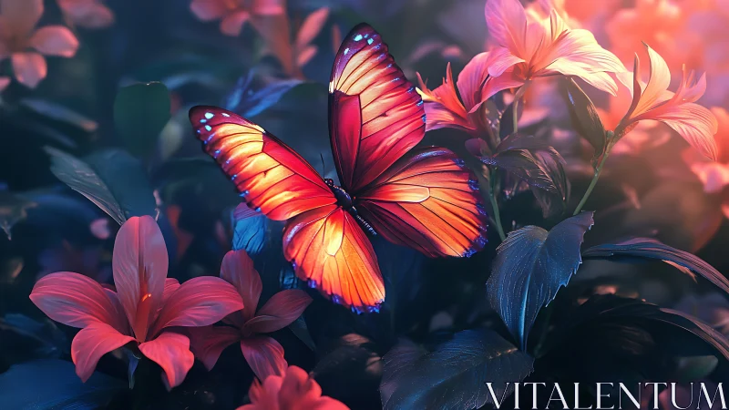 Orange butterfly among flowers in low light garden setting.