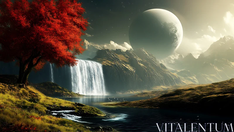 Crimson tree overlooks alien waterfall under colossal planet