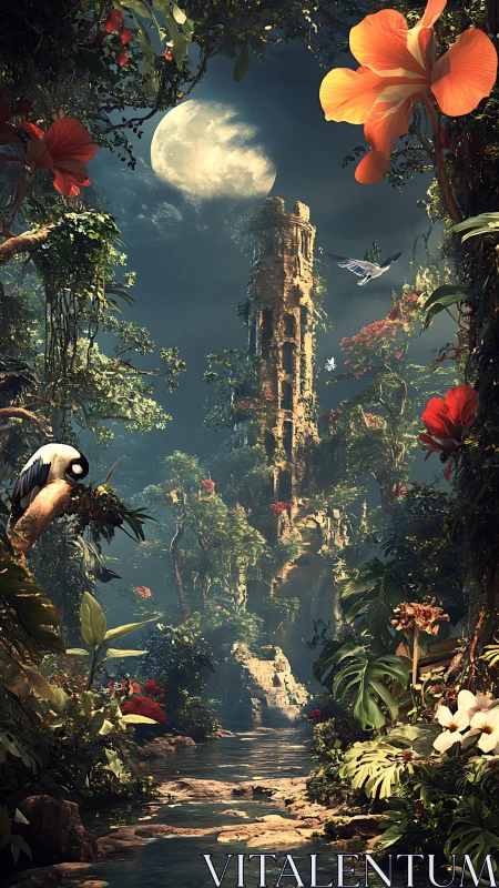 Moonlit jungle ruin rises beyond luminous floral canopy