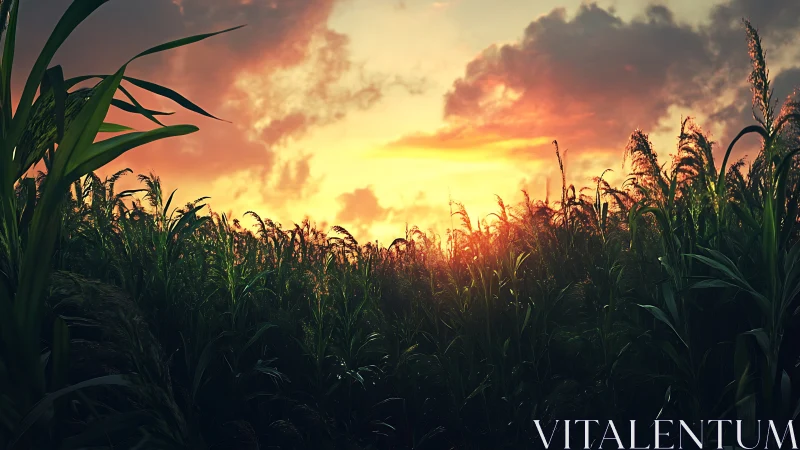 Cornfield horizon ignites under dramatic sunset sky glow